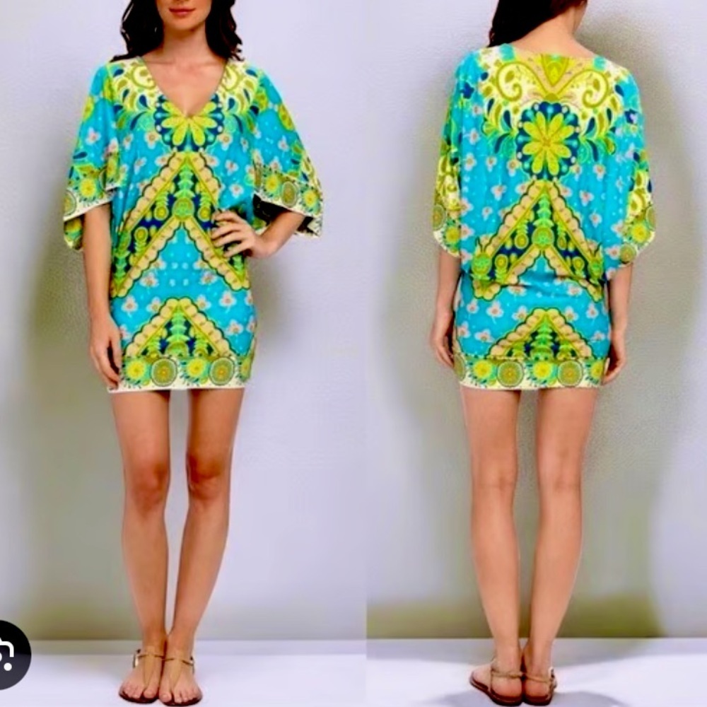 Trina Turk Woodblock Blue Green Swim Cover-Up Dress Size S​